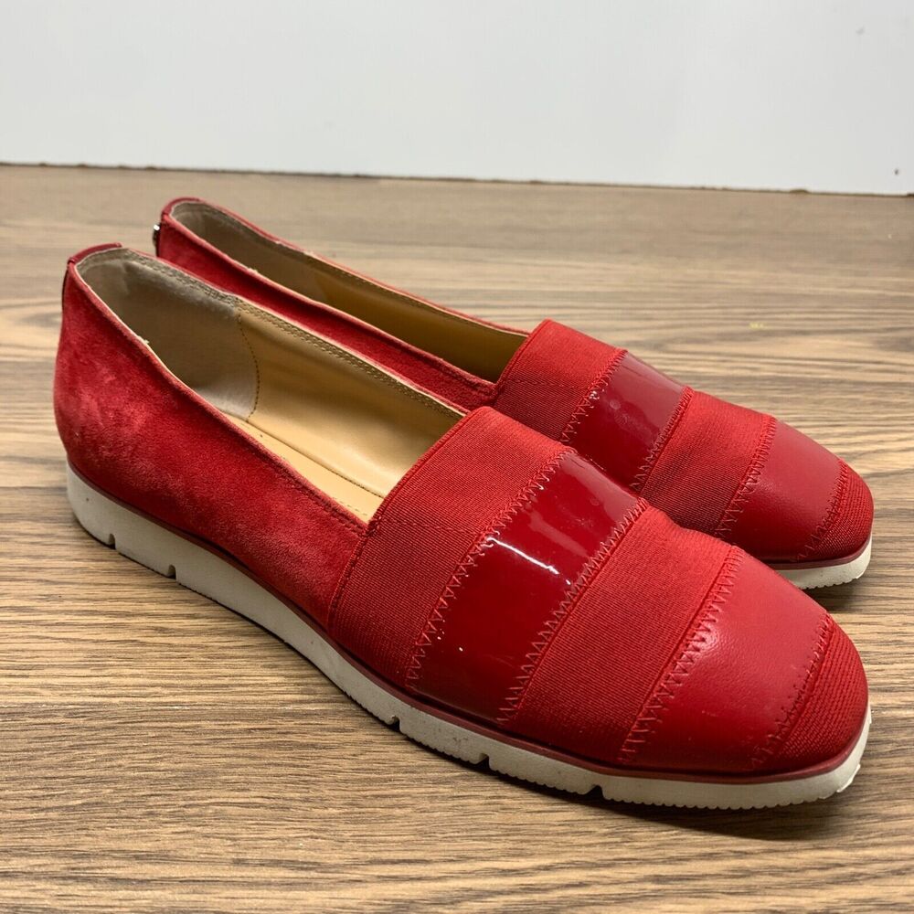 Donald Pliner May Women’s Sz 7.5M Red Suede White Slip On‎ Elegant Loafers